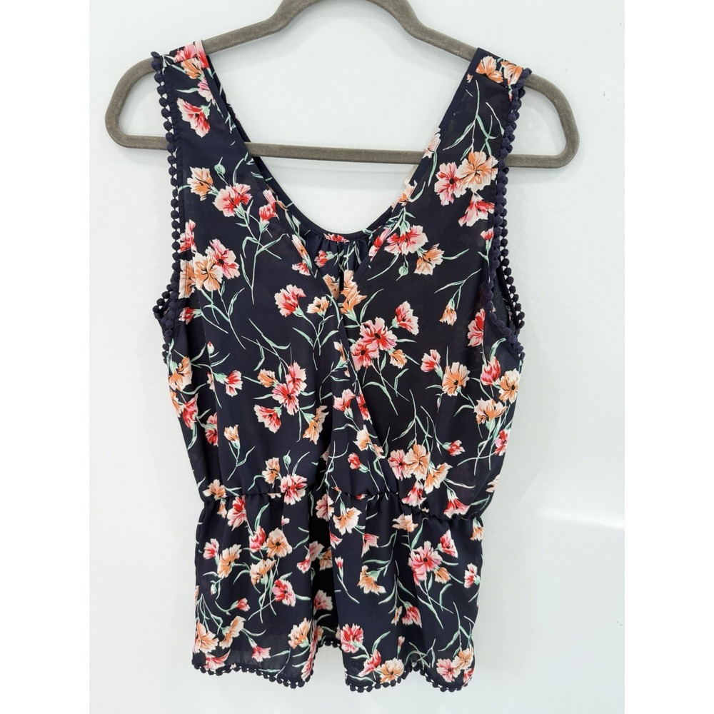 Sienna Sky Navy Floral Top Small V Neck Pom Pom Trim Sleeveless Boho - Picture 4 of 8